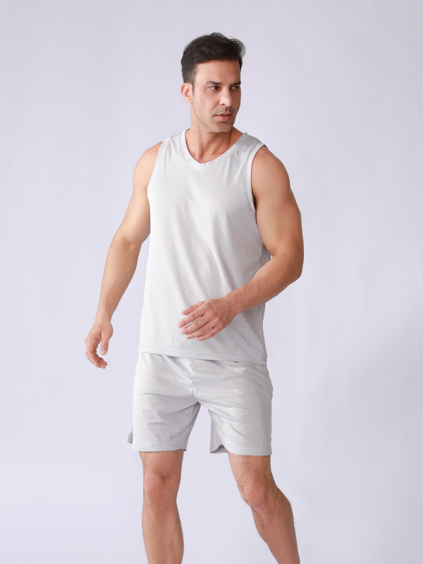 ZMYJR Мъжки двучастен спортен комплект с бързоизсъхване, безръкав жилетка с V-образно деколте, дишащ полиестер 140 g дупчена тъкан