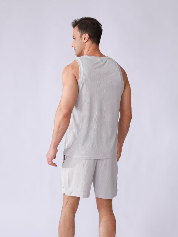 ZMYJR Мъжки двучастен спортен комплект с бързоизсъхване, безръкав жилетка с V-образно деколте, дишащ полиестер 140 g дупчена тъкан