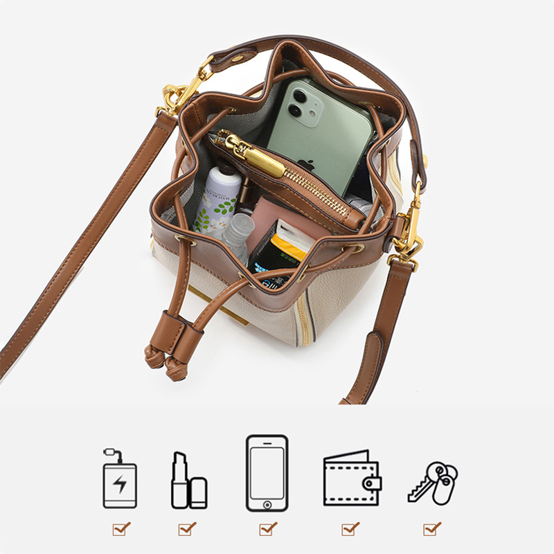 Ženska bucket torba od prave kože, crossbody torba s trakom za zatvaranje, unutarnje pretince: pretinac sa zipom, pretinac za telefon, ID pretinac, pretinac s dvostrukim zipom, ljeto 2025