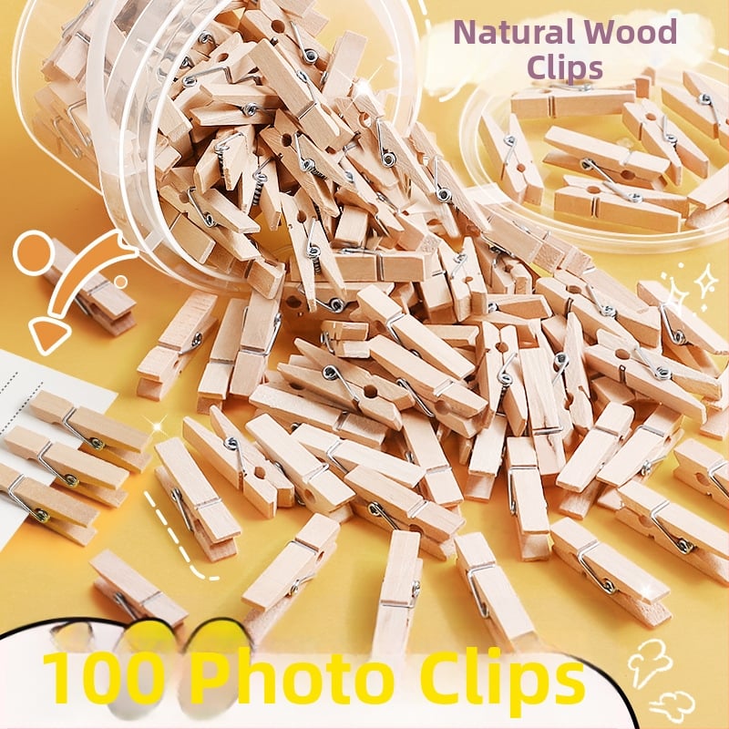 Ξύλινα κλιπ φωτογραφιών, ορθογώνια, σετ 100 τεμαχίων, με ετικέτες από σχοινί κάνναβης