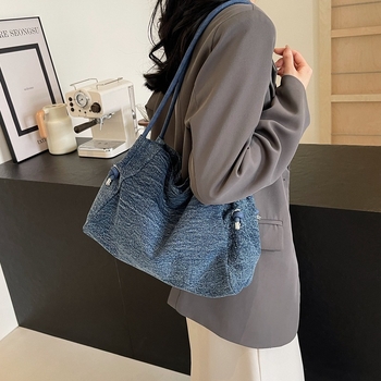 Korejski stil denim torba za ramena, magnetsko zatvaranje, horizontalni kvadratni oblik, džep sa zatvaračem tip sendvič, podstava od poliestera i pamuka