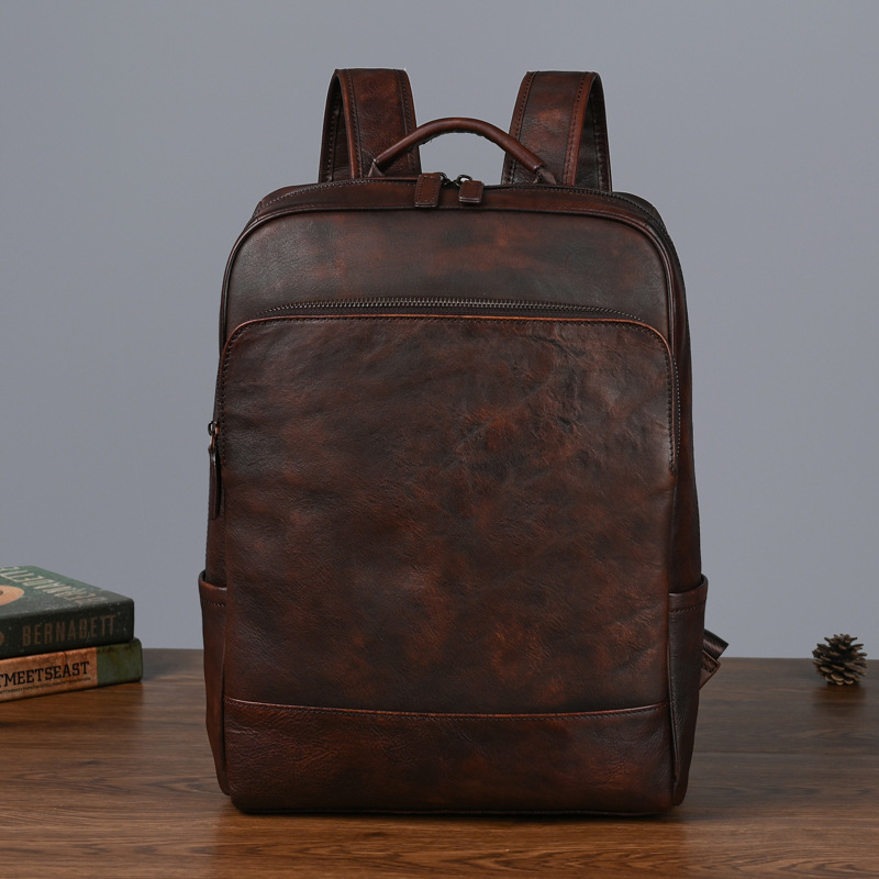 Batoh z pravej kože, prvý vrstva hovädzej kože s rastlinným spracovaním, objem 20–35 L, vzdušný dizajn, ramenné popruhy s vzduchovým vankúšom