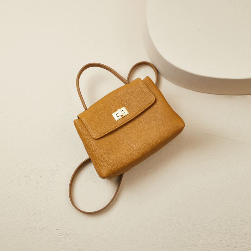 Kožna torbica za crossbody za mobitel, retro zaključavanje tipa latch, prvi sloj goveđe kože, horizontalni kvadratni oblik