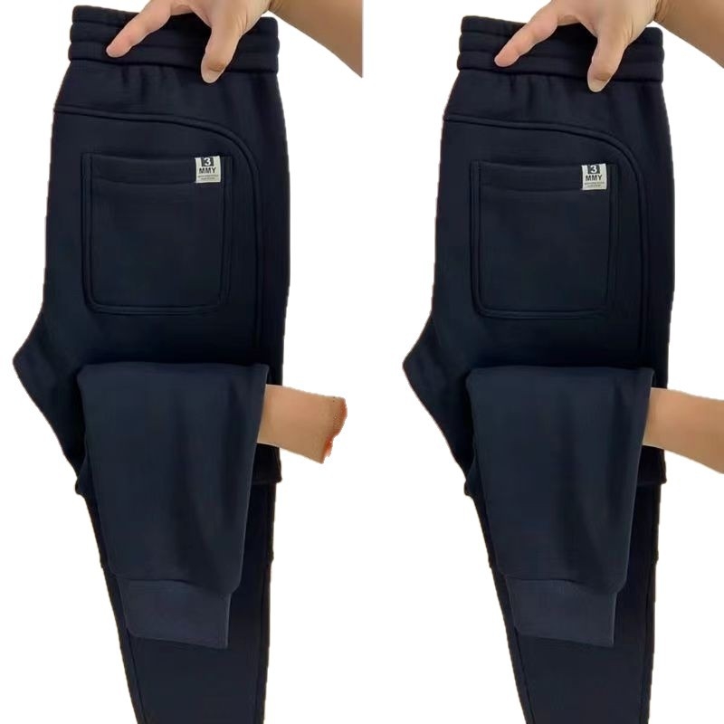 Férfi vastag fleece bevonat sportnadrág, kád Cupro szálas anyagból, egyenes szabás, slim-fit, téli szabadidőruha