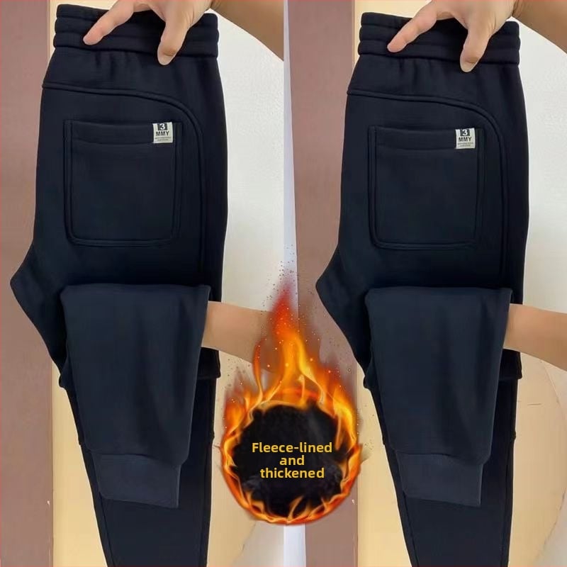 Férfi vastag fleece bevonat sportnadrág, kád Cupro szálas anyagból, egyenes szabás, slim-fit, téli szabadidőruha