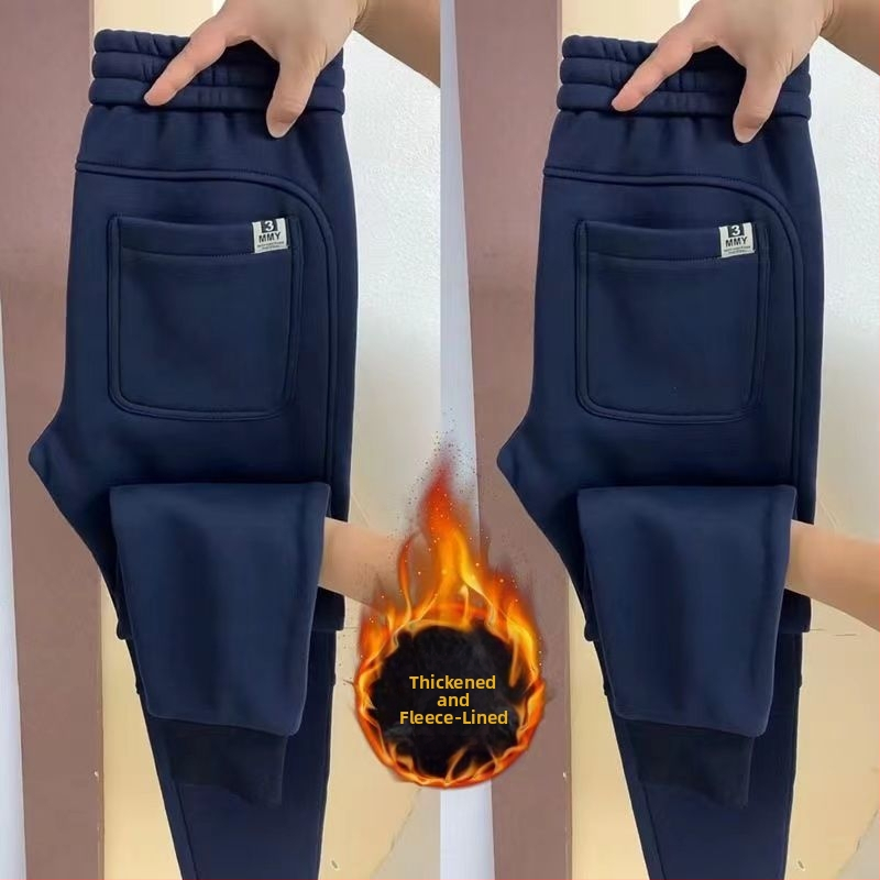 Férfi vastag fleece bevonat sportnadrág, kád Cupro szálas anyagból, egyenes szabás, slim-fit, téli szabadidőruha