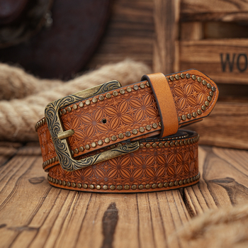 Ženski pojas od PU kože, kopča od legure, kopčanje s pinom, reljefni završetak, etno retro stil