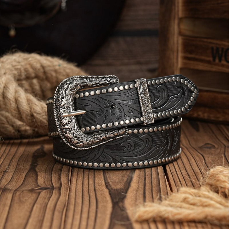 Ženski pojas od PU kože, kopča od legure, kopčanje s pinom, reljefni završetak, etno retro stil