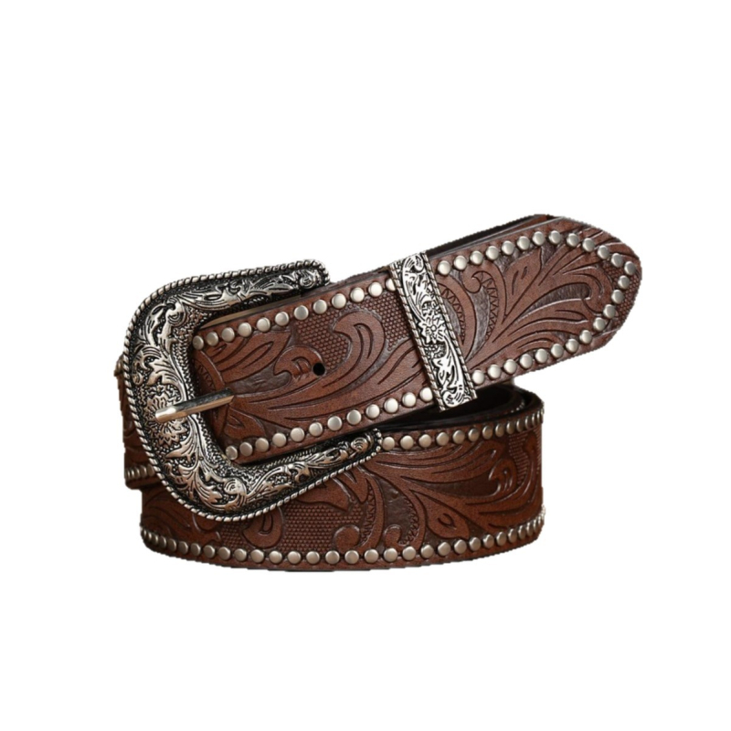 Ženski pojas od PU kože, kopča od legure, kopčanje s pinom, reljefni završetak, etno retro stil