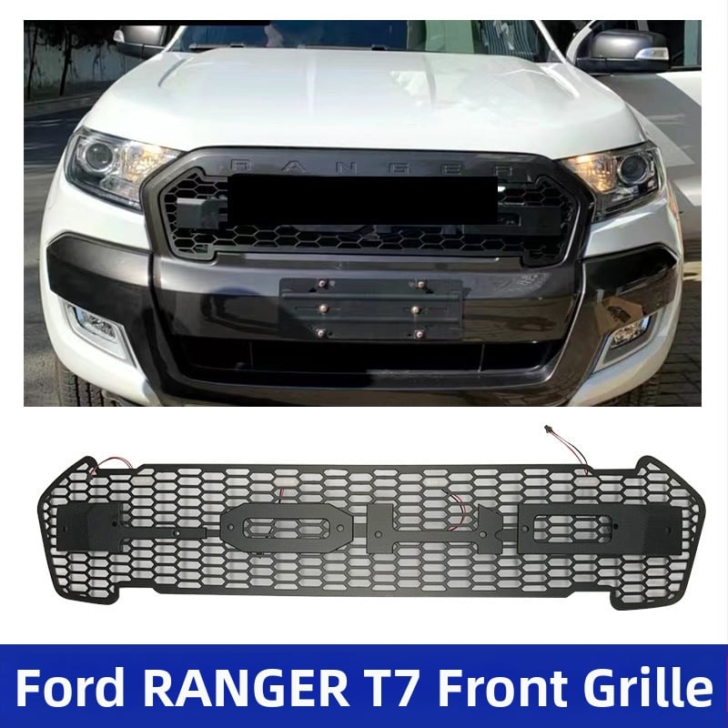 Predná mriežka pre Ford Ranger T7 s LED, ABS plast, ne-deštruktív montáž, pre roky 2015–2018.