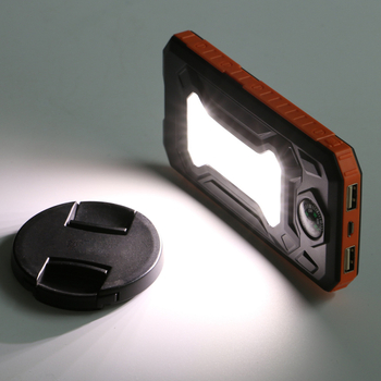 Kültéri napelemes power bank iránytűvel és LED zseblámpával, 10000 mAh, bemenet 5V, QC gyors töltés, max kimenet 10W