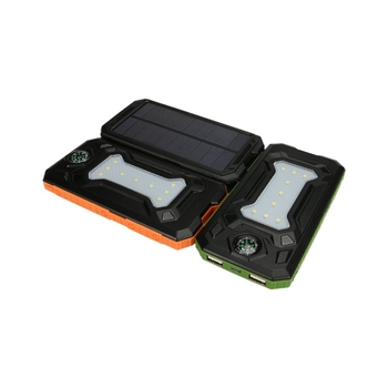 Kültéri napelemes power bank iránytűvel és LED zseblámpával, 10000 mAh, bemenet 5V, QC gyors töltés, max kimenet 10W