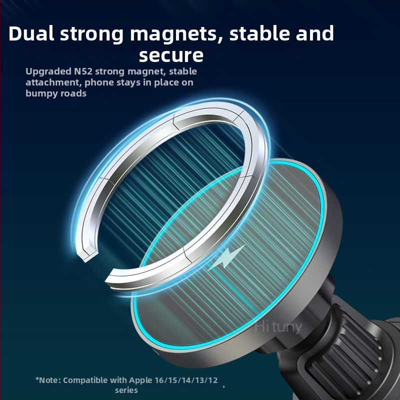 Μαγνητικός ασύρματος φορτιστής αυτοκινήτου, απόδοση 15W, συμβατό MagSafe, κατασκευή από κράμα ψευδαςργύρου + γυαλιστερό ακρυλικό, μαγνητική φόρτιση