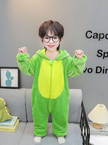 Детски гащеризон-пижама с принт динозавър, фланелен флис облицовка и удебеляване, 95% полиестер, за деца 3–8 г., зимно домашно облекло