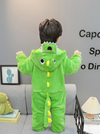 Детски гащеризон-пижама с принт динозавър, фланелен флис облицовка и удебеляване, 95% полиестер, за деца 3–8 г., зимно домашно облекло