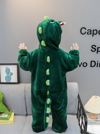 Детски гащеризон-пижама с принт динозавър, фланелен флис облицовка и удебеляване, 95% полиестер, за деца 3–8 г., зимно домашно облекло