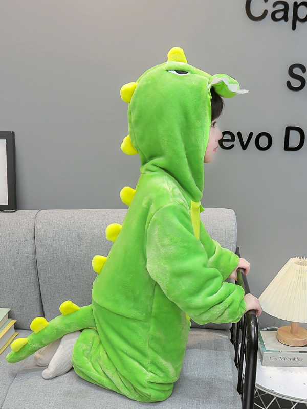 Детски гащеризон-пижама с принт динозавър, фланелен флис облицовка и удебеляване, 95% полиестер, за деца 3–8 г., зимно домашно облекло