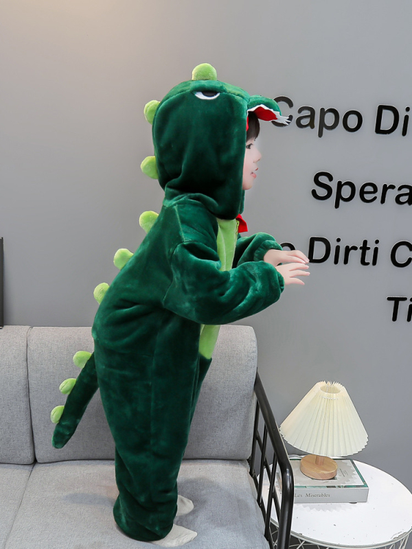 Детски гащеризон-пижама с принт динозавър, фланелен флис облицовка и удебеляване, 95% полиестер, за деца 3–8 г., зимно домашно облекло