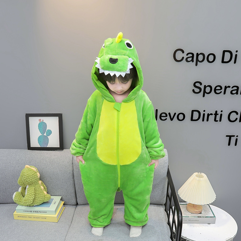 Детски гащеризон-пижама с принт динозавър, фланелен флис облицовка и удебеляване, 95% полиестер, за деца 3–8 г., зимно домашно облекло