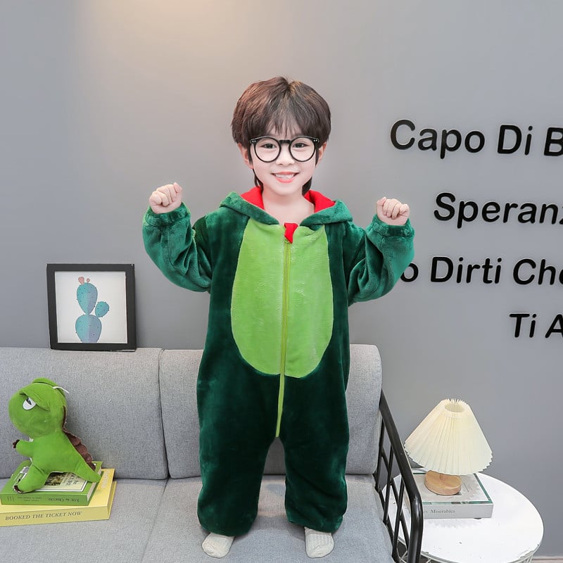 Детски гащеризон-пижама с принт динозавър, фланелен флис облицовка и удебеляване, 95% полиестер, за деца 3–8 г., зимно домашно облекло