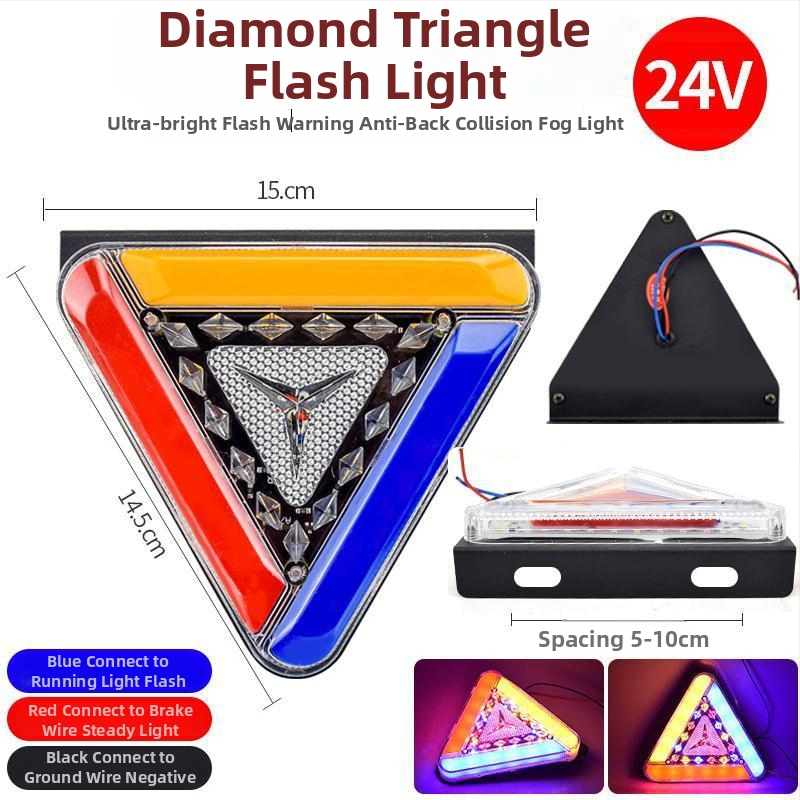 LED stražnja svjetiljka za kamione, trobojno trokutasto bljeskalica (Model: Triangle three-color flash rear light; Napon: 24V/12V; Materijal: željezna ploča/PC maska; Životni vijek: 50000h)