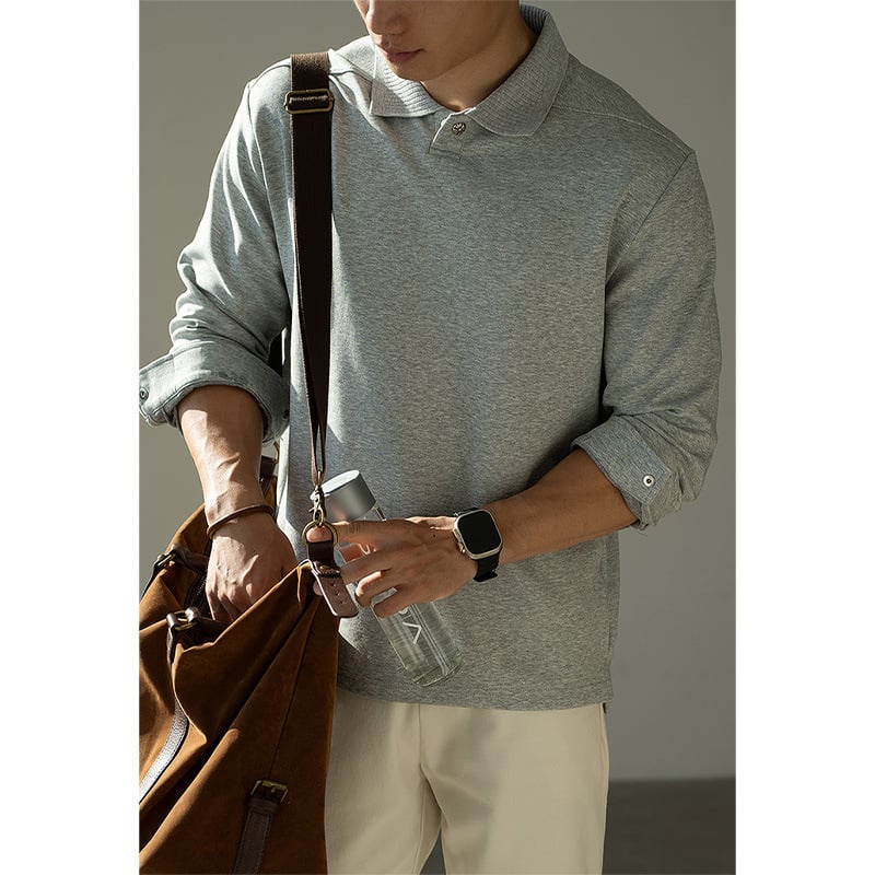 Old Money Style Liquid Air Cotton Half-Open Polo Sweatshirt – Muškarci, Jesen 2025, Dugi rukav, Ovratnik s reverom, Slobodan kroj, 50% pamuk 45% poliester 5% elastan, 250–300 g