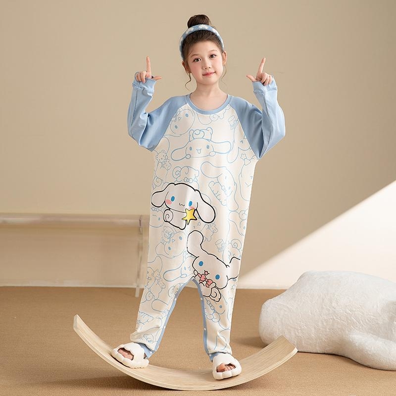 Детски памучен спален гащеризон с дълги ръкави, cartoon принт, 100% памук, за деца 3–8 г.
