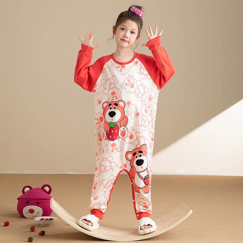 Детски памучен спален гащеризон с дълги ръкави, cartoon принт, 100% памук, за деца 3–8 г.