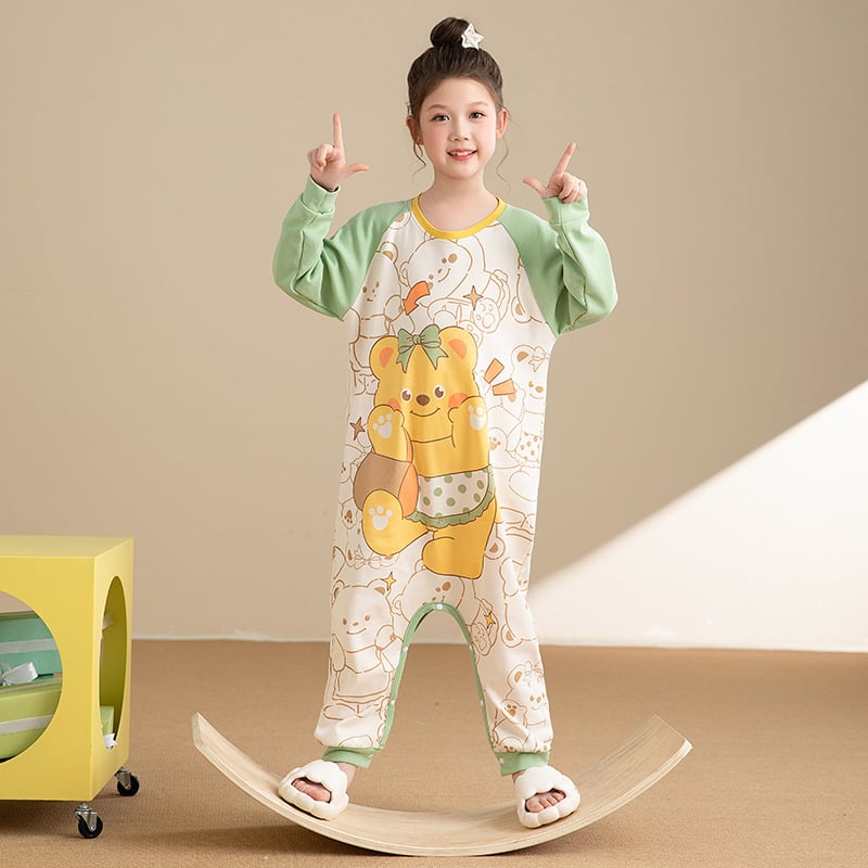Детски памучен спален гащеризон с дълги ръкави, cartoon принт, 100% памук, за деца 3–8 г.