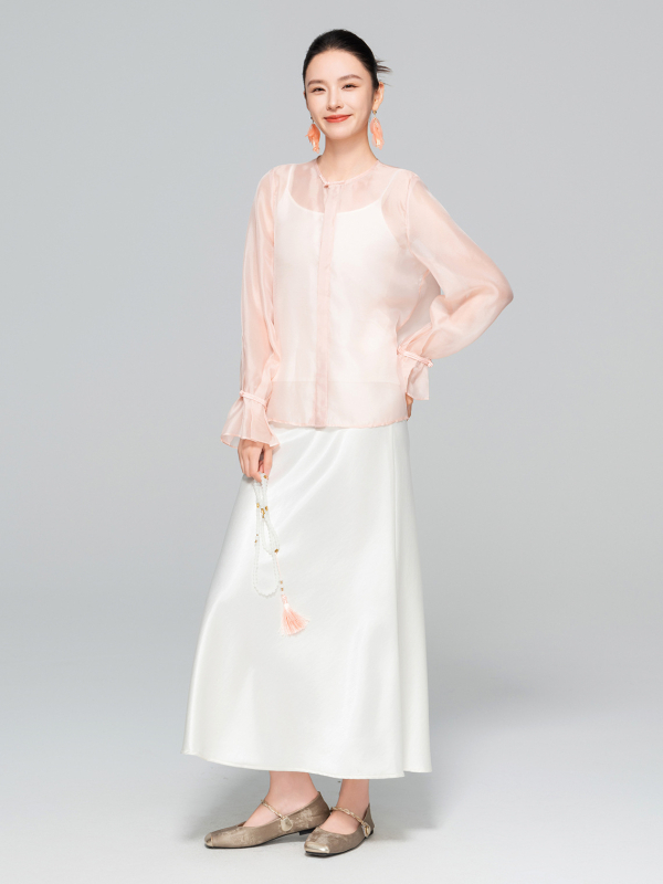 Košulja od šifona, okrugli izrez, širokih rukava, kineski stil