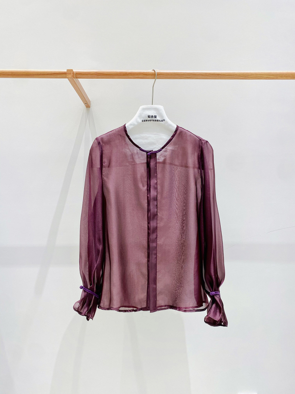 Košulja od šifona, okrugli izrez, širokih rukava, kineski stil
