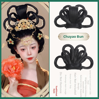 Perucă în stil Tang cu coc, mătase autohtonă, look antic-retro, fără perm sau vopsire