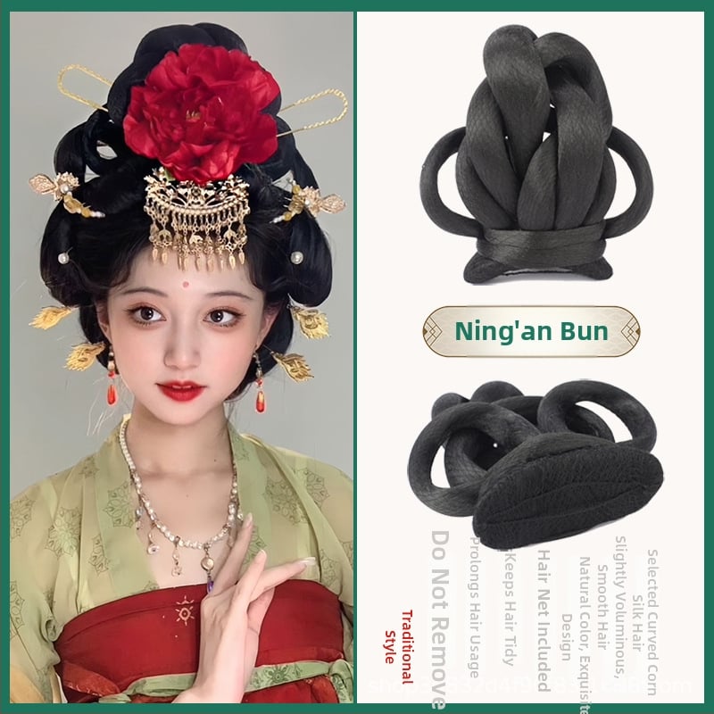 Perucă în stil Tang cu coc, mătase autohtonă, look antic-retro, fără perm sau vopsire