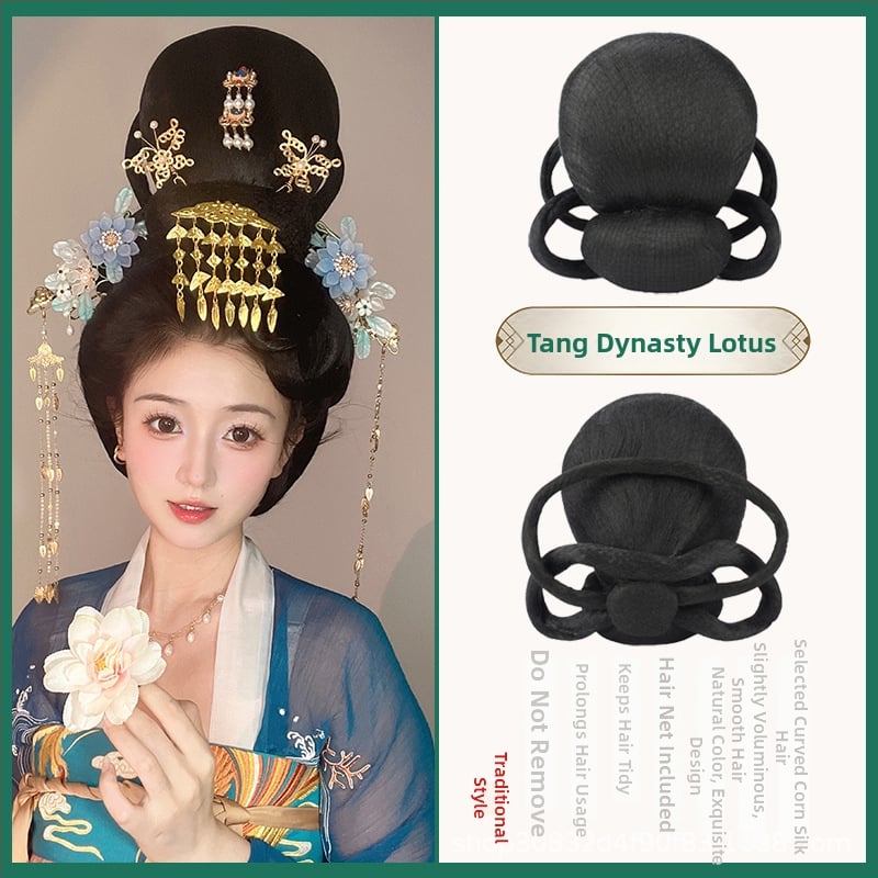 Perucă în stil Tang cu coc, mătase autohtonă, look antic-retro, fără perm sau vopsire