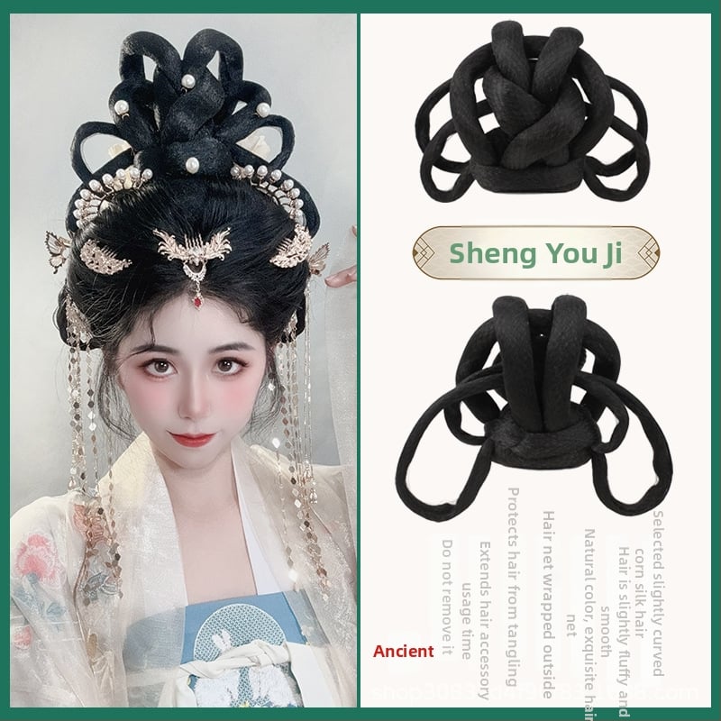 Perucă în stil Tang cu coc, mătase autohtonă, look antic-retro, fără perm sau vopsire