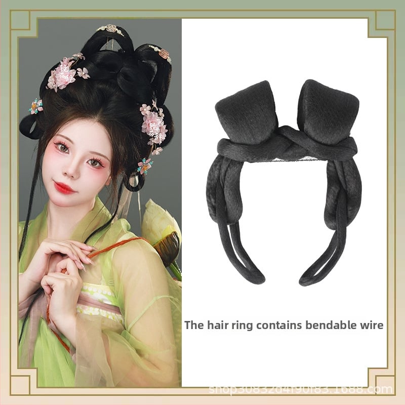 Perucă în stil Tang cu coc, mătase autohtonă, look antic-retro, fără perm sau vopsire