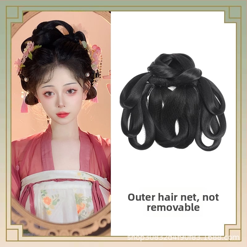 Perucă în stil Tang cu coc, mătase autohtonă, look antic-retro, fără perm sau vopsire