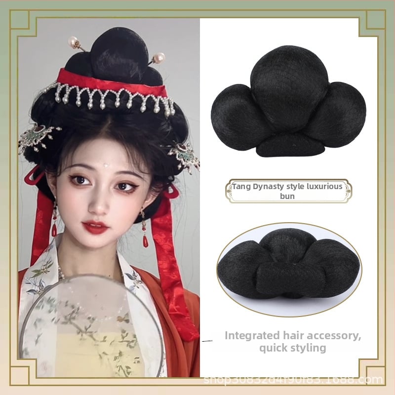 Perucă în stil Tang cu coc, mătase autohtonă, look antic-retro, fără perm sau vopsire