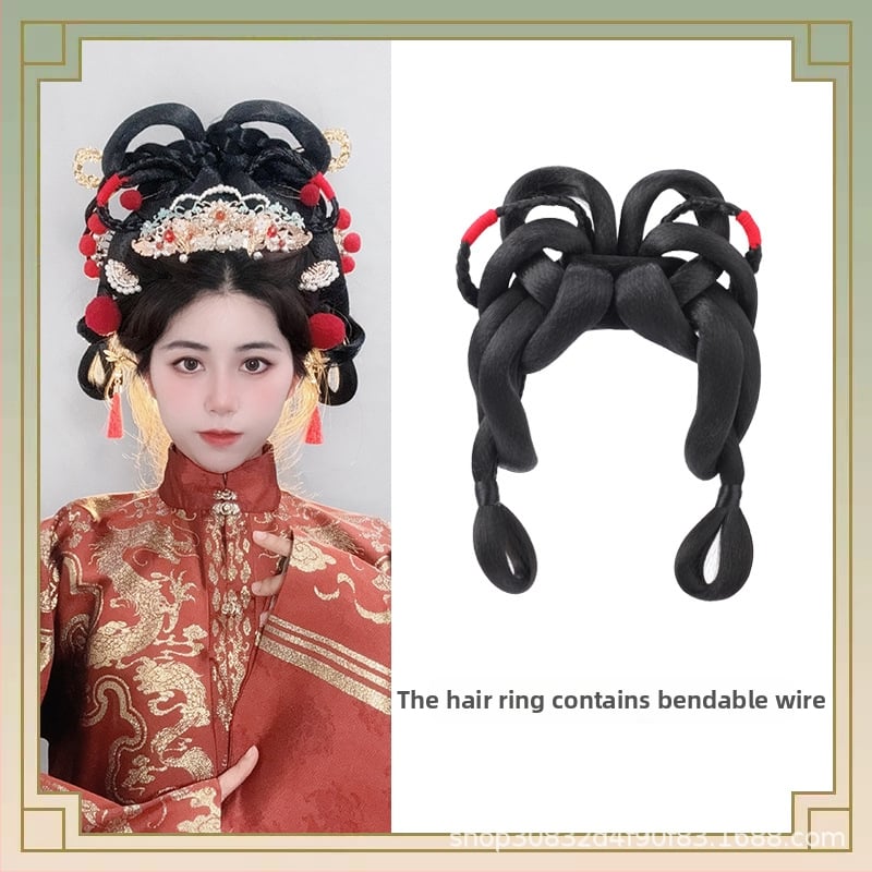 Perucă în stil Tang cu coc, mătase autohtonă, look antic-retro, fără perm sau vopsire