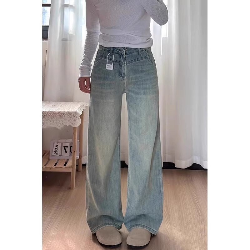 Traperice širokih nogavica, visokim strukom, denim, pamuk, srednje težine