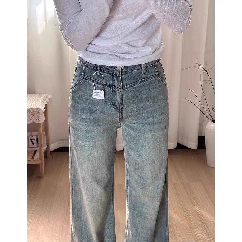 Traperice širokih nogavica, visokim strukom, denim, pamuk, srednje težine