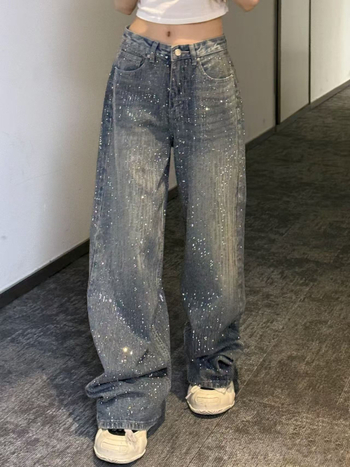 Jeans od denima širokih nogavica s Hotfix kristalima, srednji pojas, ležerni ravni kroj, gradski stil
