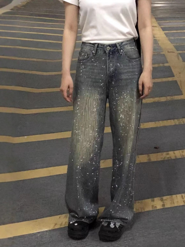 Jeans od denima širokih nogavica s Hotfix kristalima, srednji pojas, ležerni ravni kroj, gradski stil