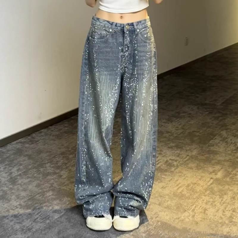 Jeans od denima širokih nogavica s Hotfix kristalima, srednji pojas, ležerni ravni kroj, gradski stil