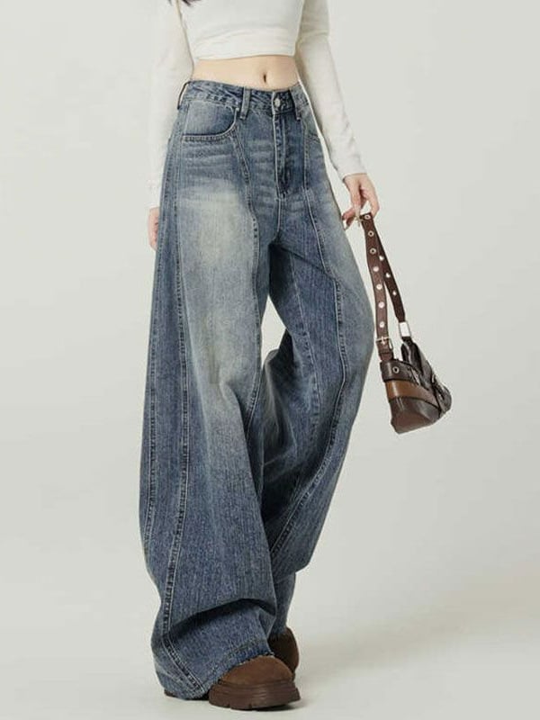 Ženske traperice - visoki pojas, široke nogavice, denim, 50-70% pamuk, kolazno šivanje