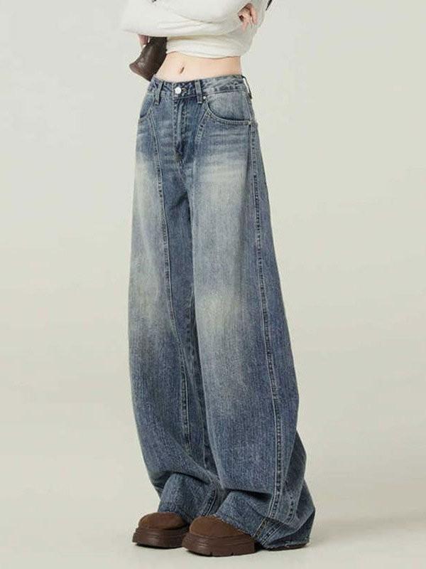 Ženske traperice - visoki pojas, široke nogavice, denim, 50-70% pamuk, kolazno šivanje