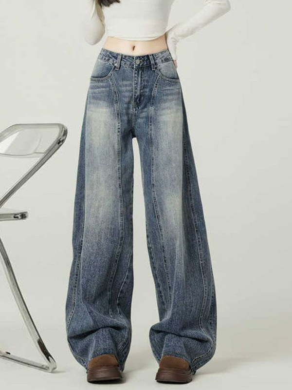 Ženske traperice - visoki pojas, široke nogavice, denim, 50-70% pamuk, kolazno šivanje