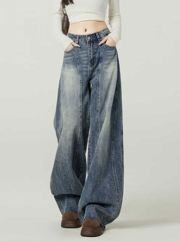 Ženske traperice - visoki pojas, široke nogavice, denim, 50-70% pamuk, kolazno šivanje