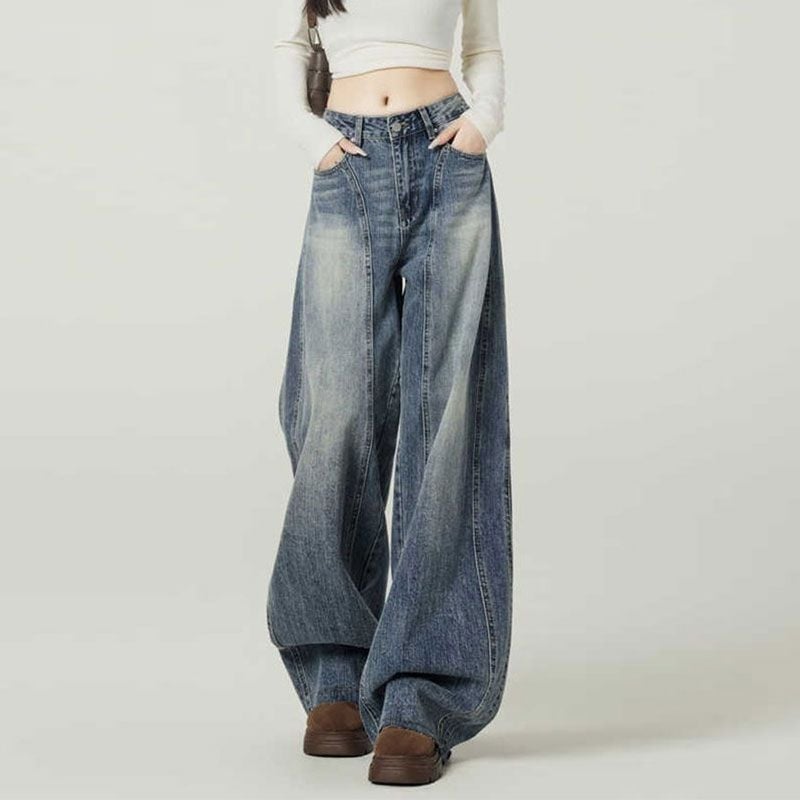 Ženske traperice - visoki pojas, široke nogavice, denim, 50-70% pamuk, kolazno šivanje