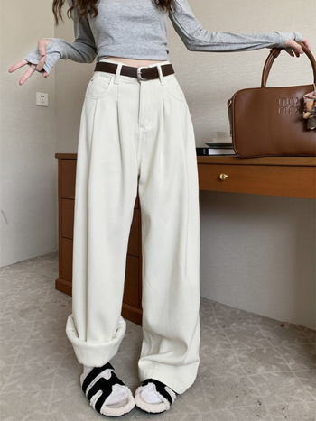 Γυναικείοι τζιν με επένδυση φλίς, παχιά και ζεστά για τον χειμώνα, ψηλή μέση, ίσια-ευρεία γραμμή